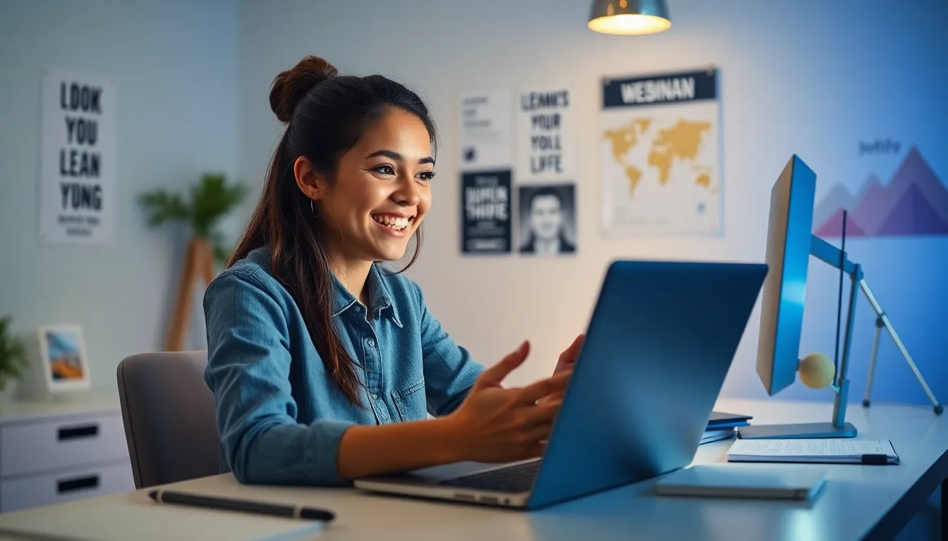 In a professionally designed workspace, a young woman energetically engages in a webinar for her online course. With vibrant motivational posters behind her, the soft studio lighting enhances her expressions and focus. The soft bokeh of the background keeps the attention on her, while the color palette balances cool blues with warm skin tones, embodying the spirit of modern education.