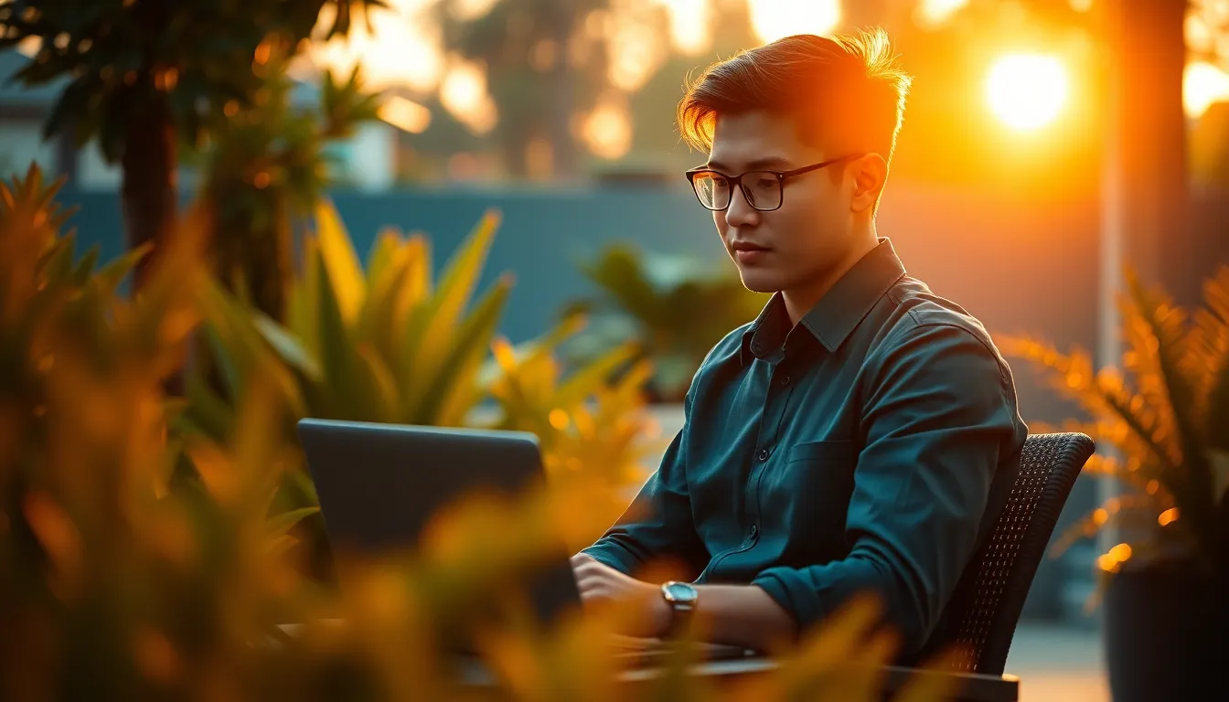 A young professional enjoys online learning on a sunny patio during golden hour. The dramatic backlighting creates a beautiful rim light, enveloping them in a warm glow. With soft bokeh from the surrounding garden plants, the cinematic color grading adds depth and warmth to the image. The composition captures the essence of learning in a serene outdoor setting, reflecting both productivity and tranquility.