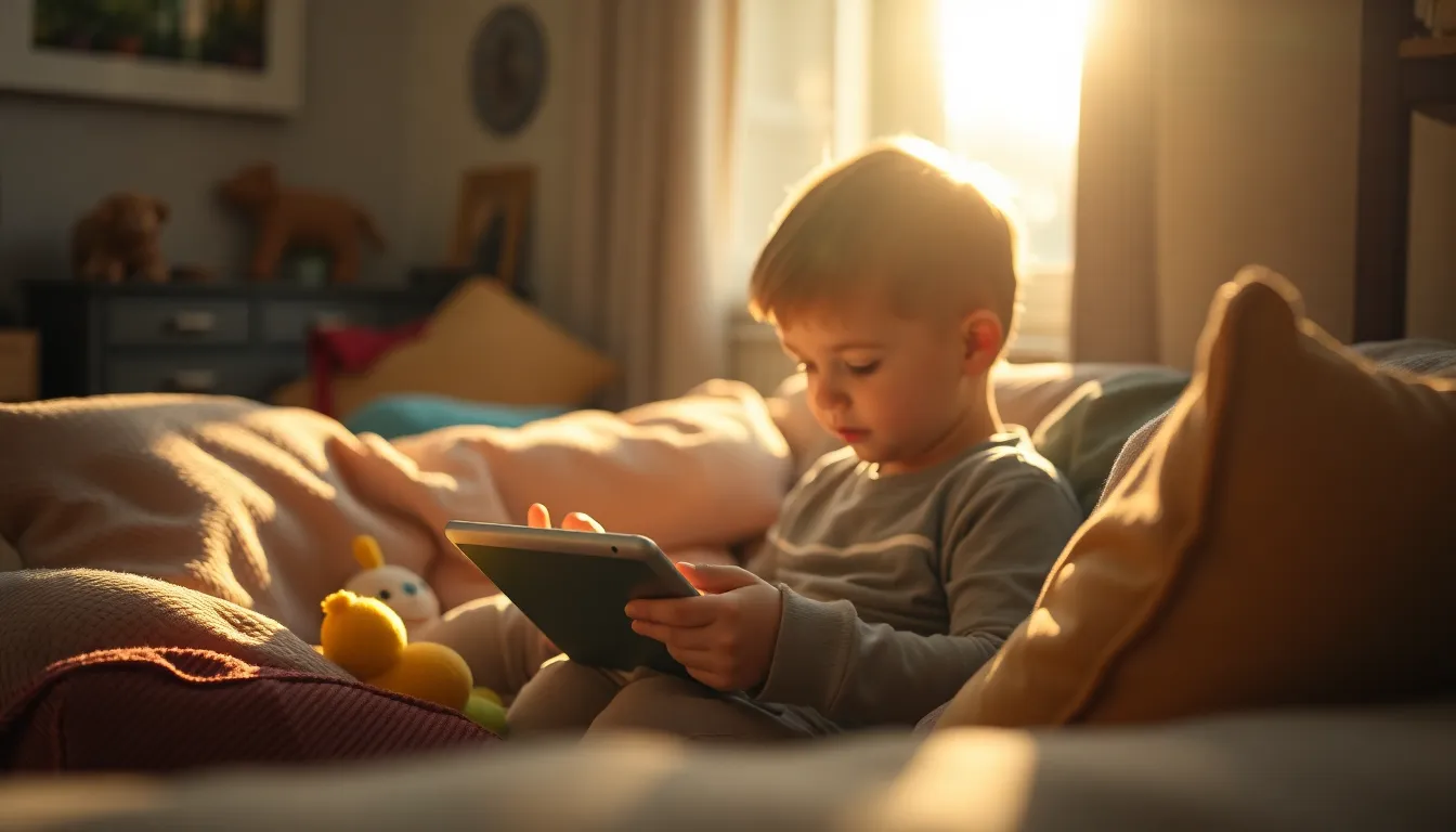 Child Engaged in Online Learning in a Cozy Nook A child sits comfortably in a cozy nook, engaged in online learning on a tablet, surrounded by colorful cushions and toys. The golden hour light pours in, casting warm shadows and creating a delightful atmosphere. This intimate setting enhances the joy of learning, showcasing the merging of play and education. The softness of the textures and the inviting light enriches the overall composition, making it resonate with warmth and comfort.