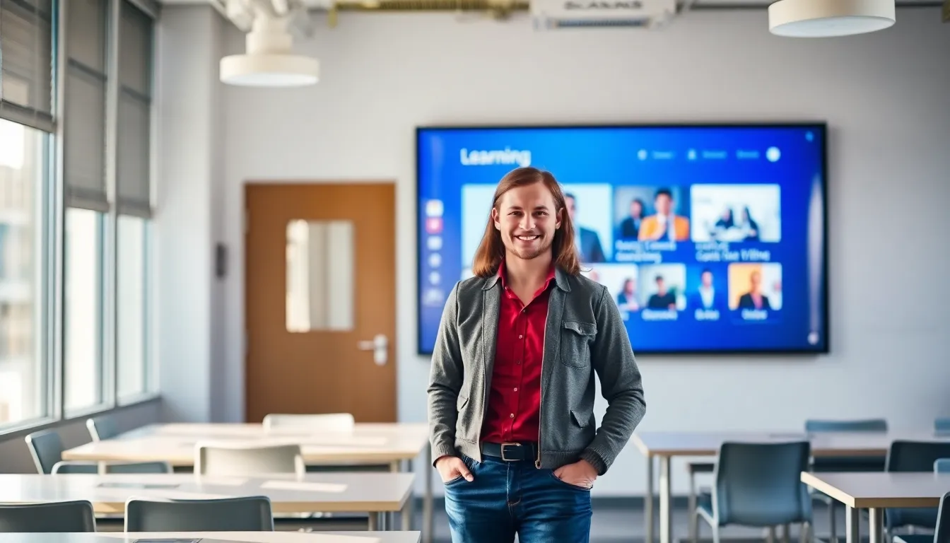 In this vibrant scene, a charismatic instructor leads an online learning session in a modern classroom. The warm tones create an inviting atmosphere as the instructor smiles at the camera, engaging students with displayed materials. The shallow depth of field emphasizes their connection while the bright and colorful background sparks interest. This composition embodies the dynamic nature of digital education.