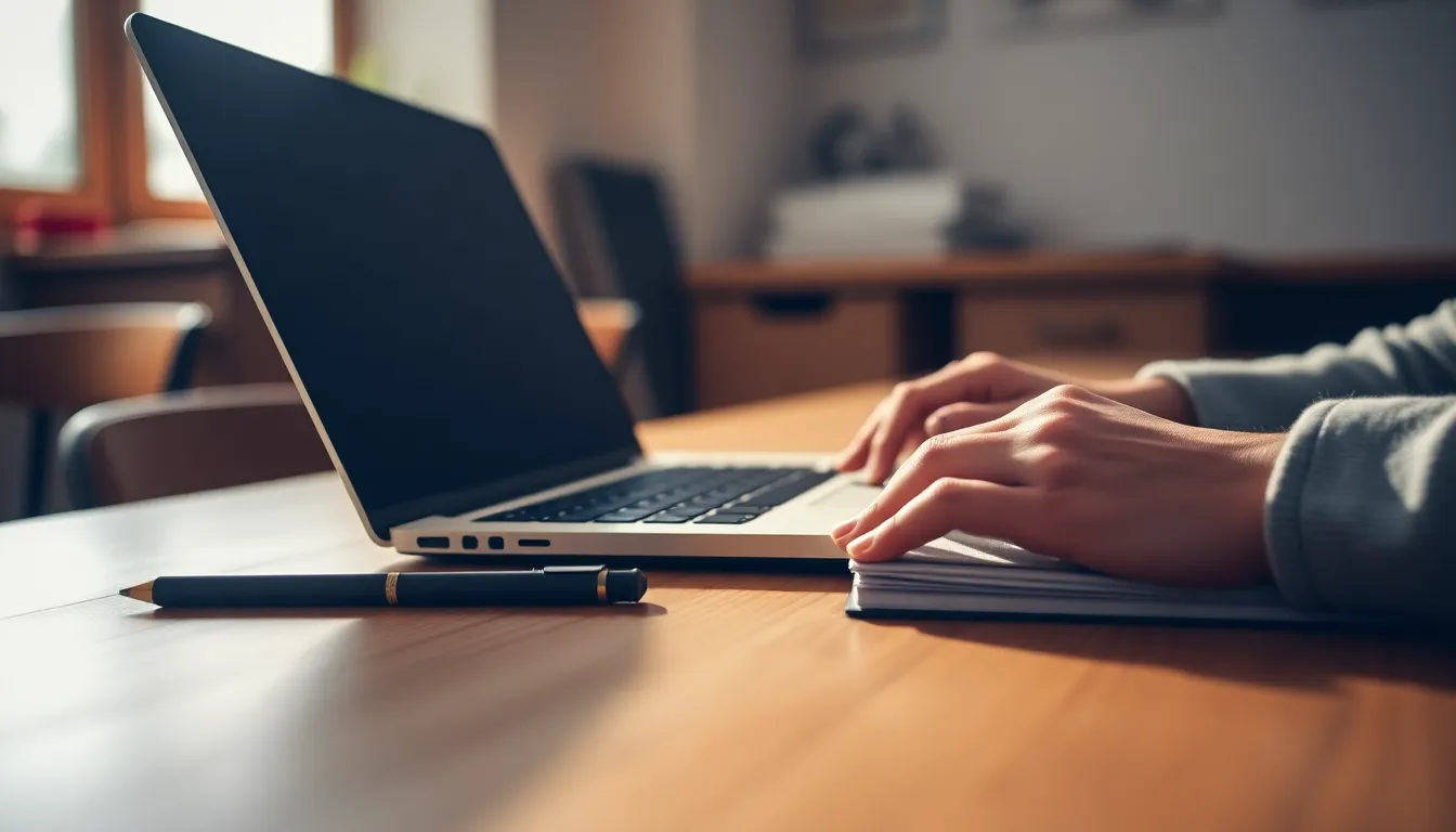A close-up shot captures the hands of a student diligently typing on a laptop, with notes sprawled on a polished wooden table. The soft daylight filtering through a nearby window casts a warm, inviting glow on the scene. The shallow depth of field highlights the movement and focus of the hands, demonstrating the engagement and intention behind online learning. This image showcases the intimacy of education in a cozy environment.
