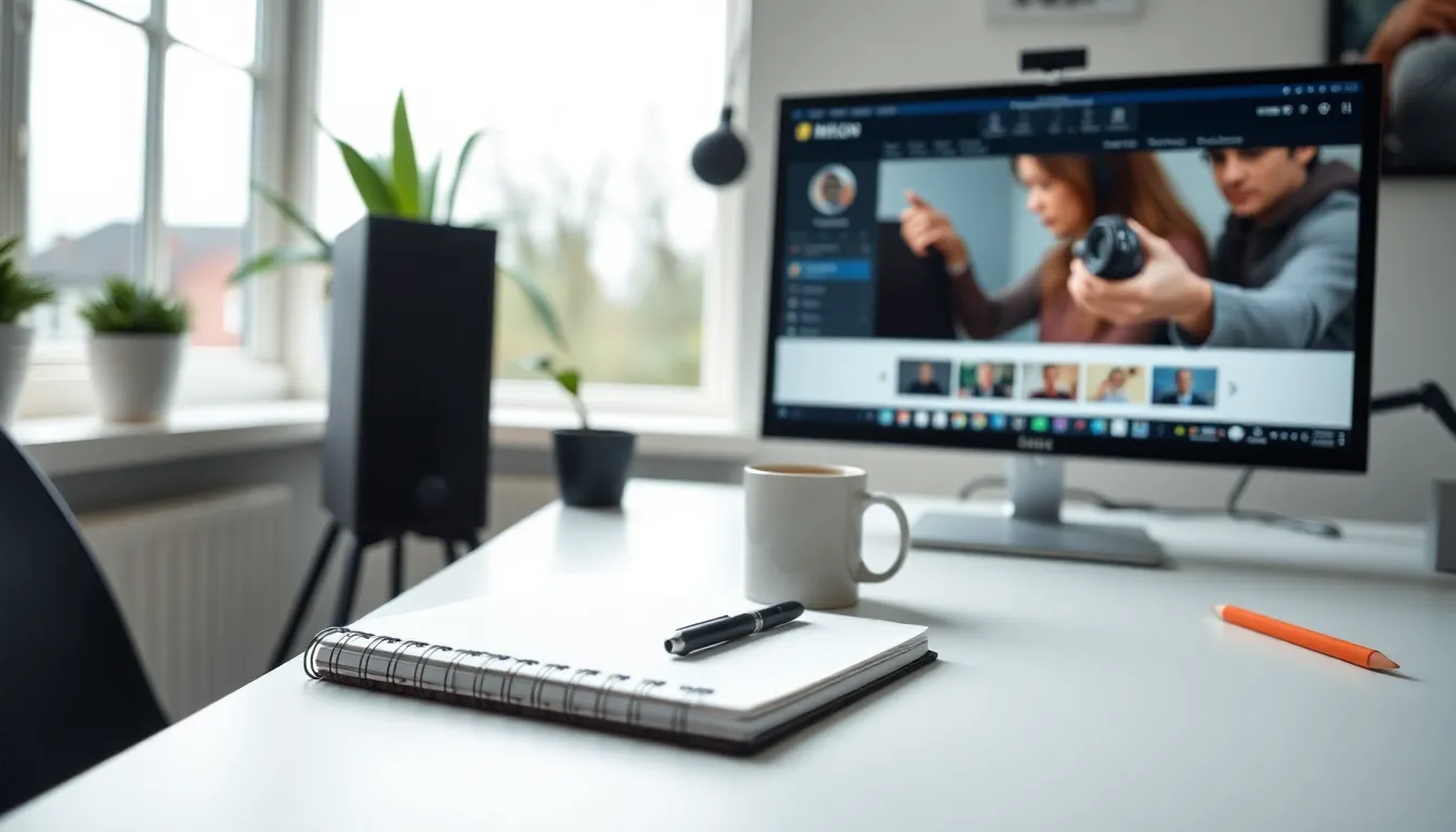 A meticulously arranged home office captures the essence of productivity in online learning. The soft, overcast daylight filters through the window, bathing the workspace in a calming glow. The foreground details of a notebook and coffee mug set the stage for concentration, while the monitor displays an online course interface. The vibrant colors invoke a sense of inspiration and focus, ideal for an effective learning environment.