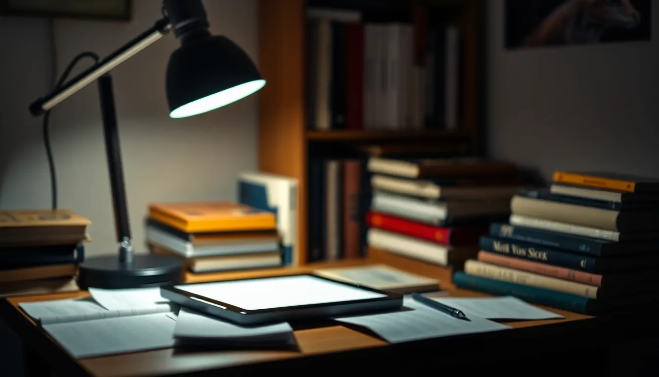 A cozy, intimate online learning setup captures the essence of study. The warm glow from a tungsten desk lamp highlights a cluttered desk filled with books and a glowing tablet. Selective focus on the tablet screen draws the eye, while the soft bokeh background creates an inviting atmosphere. The natural muted tones enhance the serene mood, perfect for focused learning.