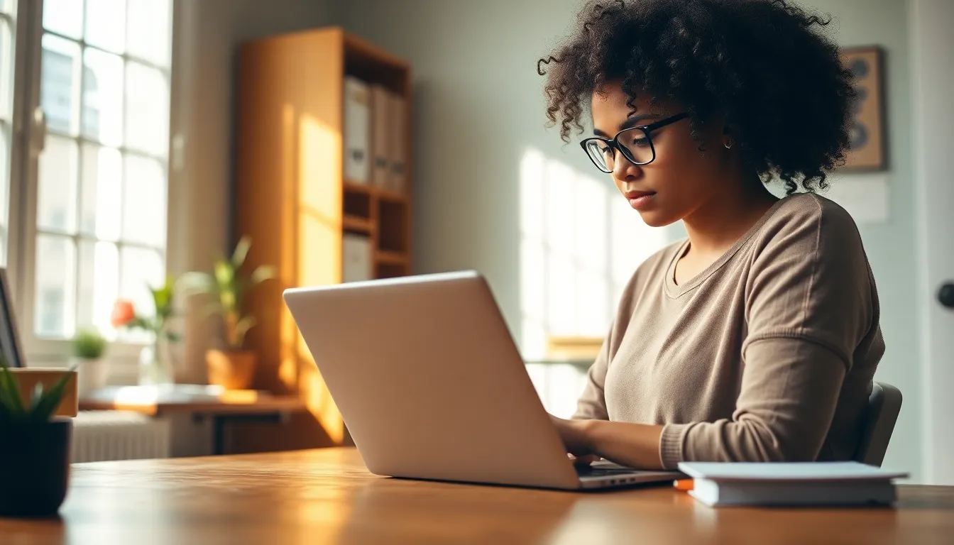 Engaged Female Student in Home Office A young woman with curly hair and glasses sits in a well-lit home office, actively participating in an online learning session. The warm sunlight creates a cozy ambiance, enhancing the detailed textures in her wooden desk and cotton shirt. The shallow depth of field focuses on her expression of concentration, while the background remains softly blurred, providing a quiet and inviting workspace. This image captures the essence of modern education through technology.