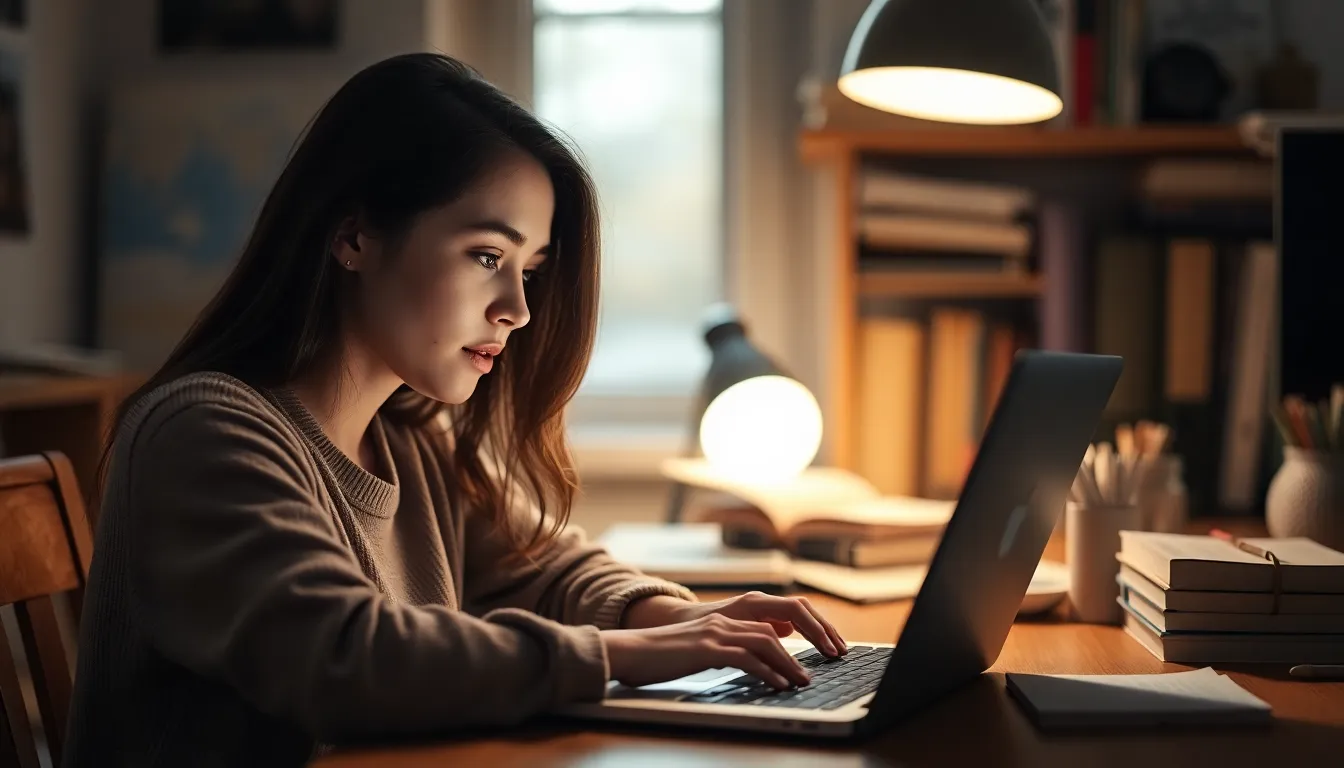 A young woman attentively participates in an online class, with her laptop casting a warm, inviting glow. Surrounding her are books and stationery, suggesting an atmosphere of study. The image is softly lit, with a shallow depth of field that keeps her in sharp focus against a beautifully blurred background. The scene conveys a sense of calm and concentration, enhanced by muted colors that evoke a cozy learning environment.