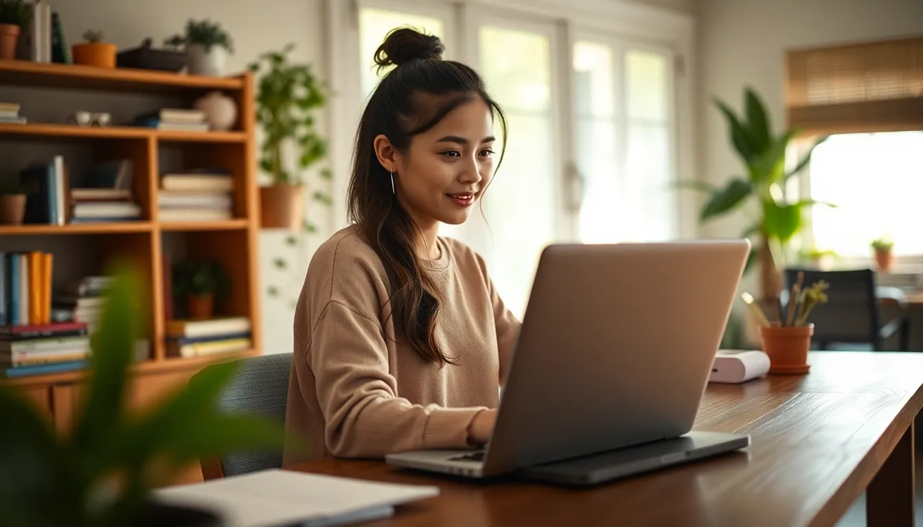 This image captures a young woman attentively participating in an online learning session from her cozy home office. Warm daylight pours through large windows, creating a bright and inviting atmosphere. Surrounded by books and greenery, her focused expression and the rich textures of the wooden desk evoke a sense of comfort and dedication to education. The soft depth of field draws attention to her engaged demeanor, while the warm color tones enhance the homely feel.