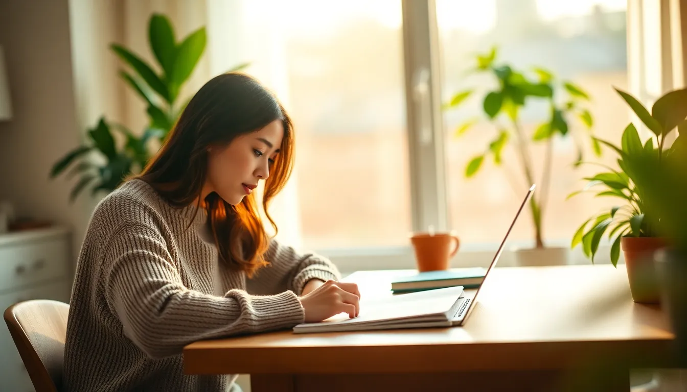 A serene and inviting scene of a young woman deeply engaged in her studies at a wooden desk. Bathed in warm, natural light from a nearby window, her focus conveys the essence of online learning. The soft pastels of the interior and the lush greenery add a touch of life to the composition. This image captures a moment of calm and concentration, perfect for illustrating the concept of online education.
