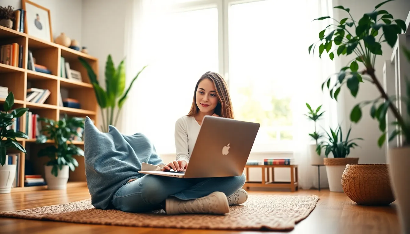 In this photorealistic image, a young woman is immersed in online learning at her bright home office. Engaged in a video call on her laptop, the warm natural light from the large window illuminates her dedicated expression. Softly blurred background elements such as bookshelves and plants create an inviting atmosphere, while the textured woven rug adds detail and depth. This scene captures the essence of remote education and modern learning environments.
