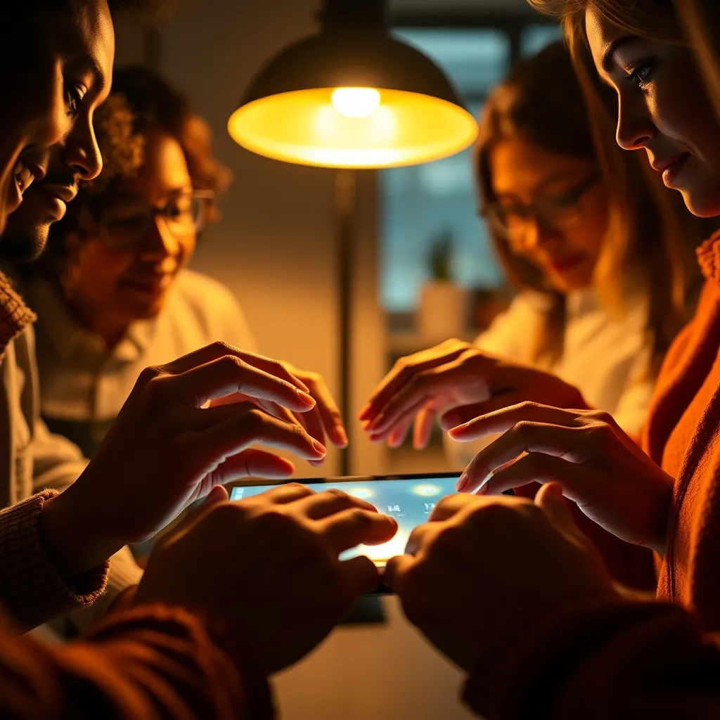 Hands Collaborating on Online Learning An intimate close-up captures a diverse group of hands collaborating over a tablet, visually communicating the essence of online learning. The warm tungsten light enhances the textures of the tablet and the skin tones of the contributors. Shallow depth of field creates a focused environment, drawing attention to the unity of collaboration. This image symbolizes teamwork and engagement in a digital learning landscape.