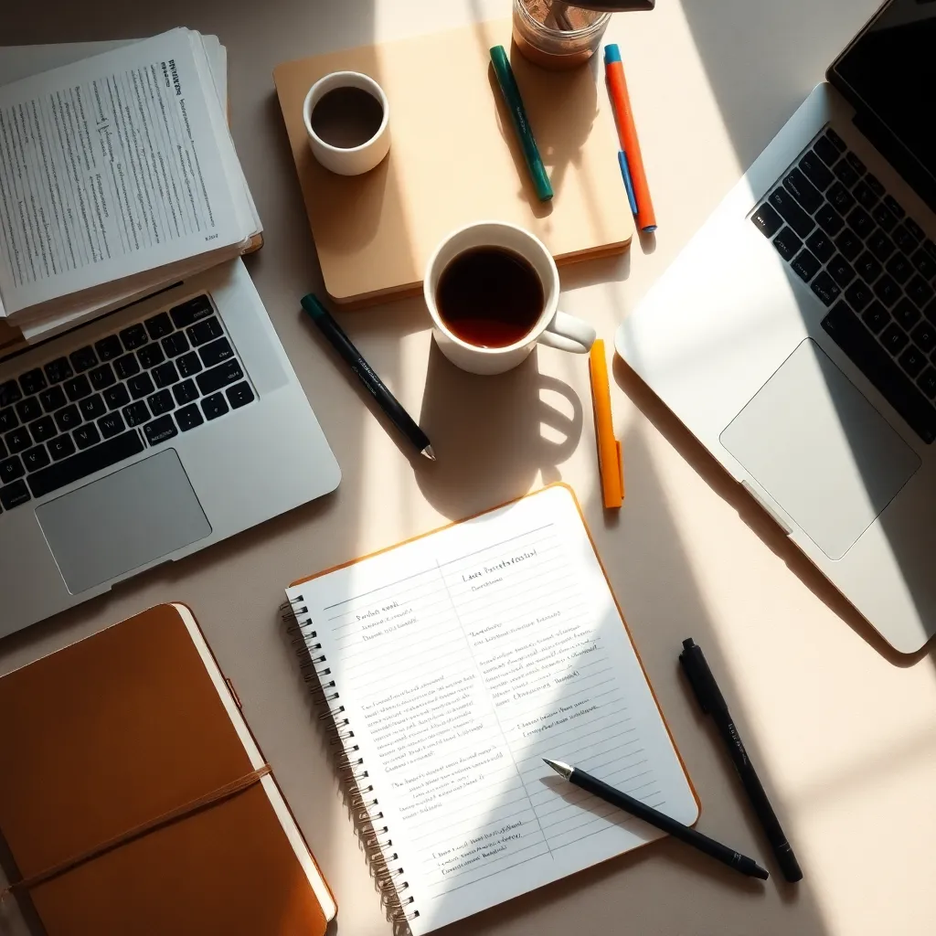 This striking flat lay captures an organized study desk, filled with essential tools for online learning. Soft natural light accentuates the textures of notebooks, a sleek laptop, and scattered highlighters, conveying an atmosphere of academic dedication. The muted earth tones provide a calming backdrop, while the focus on intricate details invites viewers into the world of focused study sessions. This image embodies a sentiment of productivity and organization, ideal for educational content.