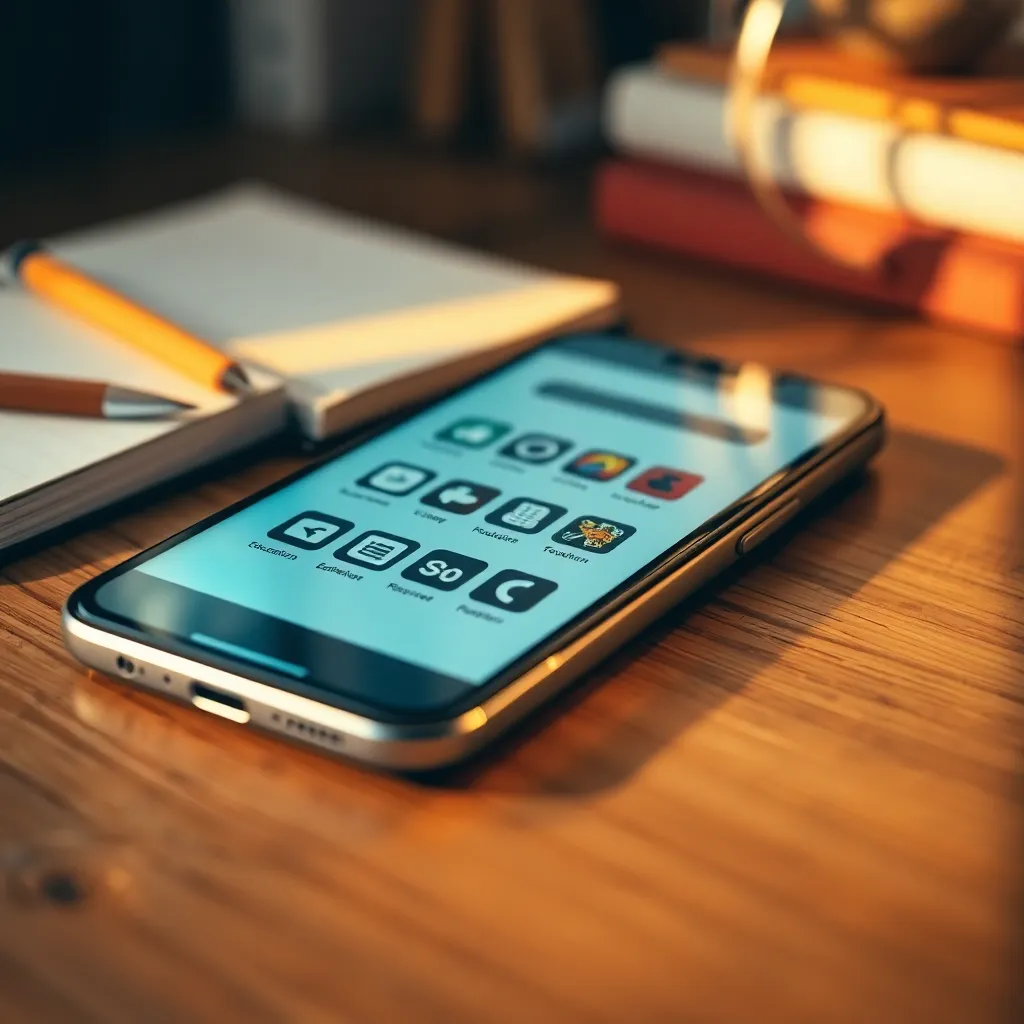 This close-up image captures a smartphone displaying an educational app, symbolizing the shift towards mobile learning. The warm golden hour light enhances the textures of the wooden desk and creates an inviting atmosphere. With notebooks and stationery in soft focus around it, the image reflects the convenience and accessibility of modern education through technology.