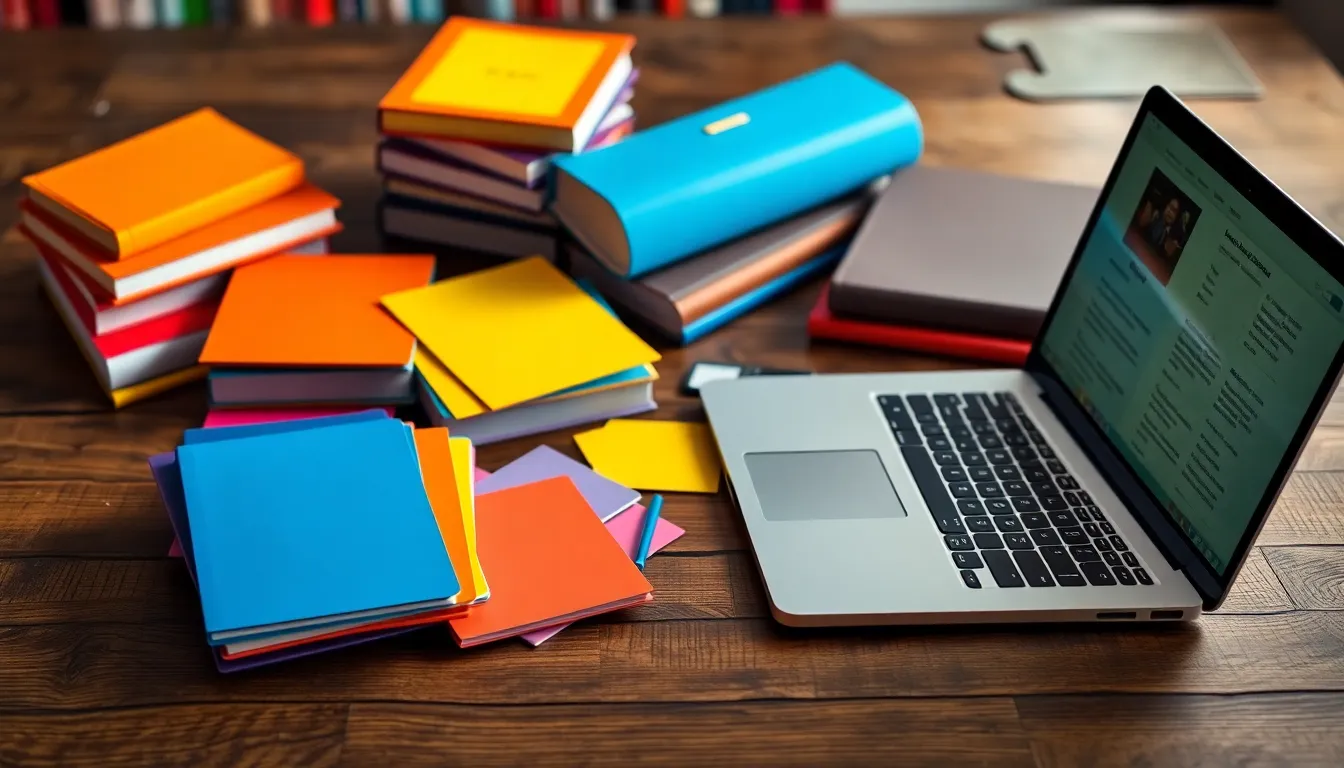 This close-up image showcases a beautifully arranged collection of colorful educational materials, ideal for online learning. The butterfly lighting setup creates striking highlights on the flashcards and textbooks, enhancing the vibrancy of the colors. The textured wooden table adds depth and warmth to the composition, making it inviting and engaging. Perfect for educational content, this image emphasizes the richness of learning resources in a digital age.