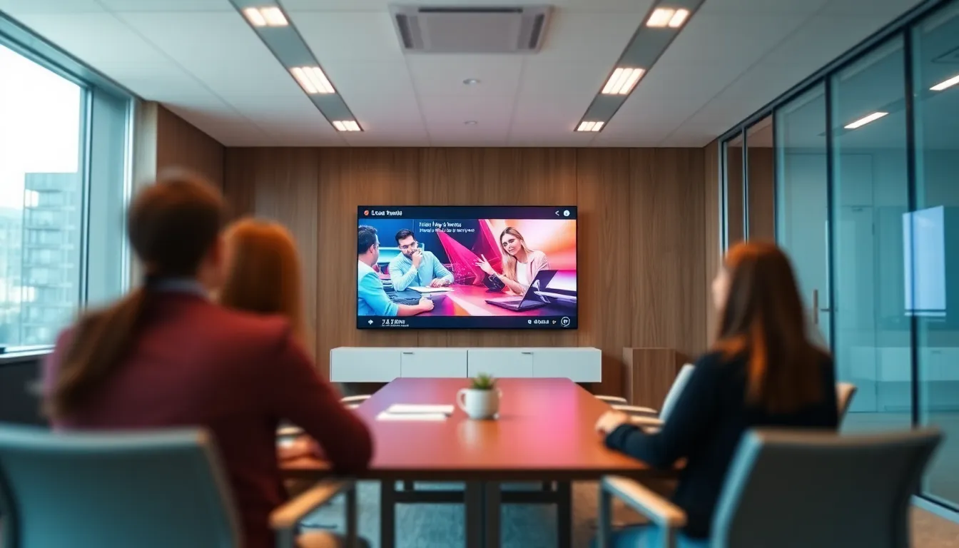 Virtual Classroom in Modern Conference Room A contemporary conference room showcases a vibrant virtual classroom displayed on a large screen, illuminated by bright LED lights. The sleek design of the room with glass walls adds to the modern educational atmosphere. Shallow depth of field emphasizes the engaging digital presentation while softening the surroundings. This image encapsulates the evolving landscape of online learning and technology in education.