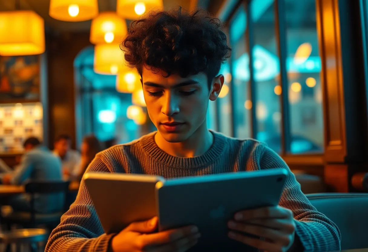 This lively image showcases a young adult immersed in online learning with a tablet in a bustling city cafe. Enhanced by warm tungsten lighting, the cozy ambiance invites creativity and focus. The vibrant energy of the cafe, combined with the student’s expression and casual attire, embodies a modern approach to education in an urban environment.