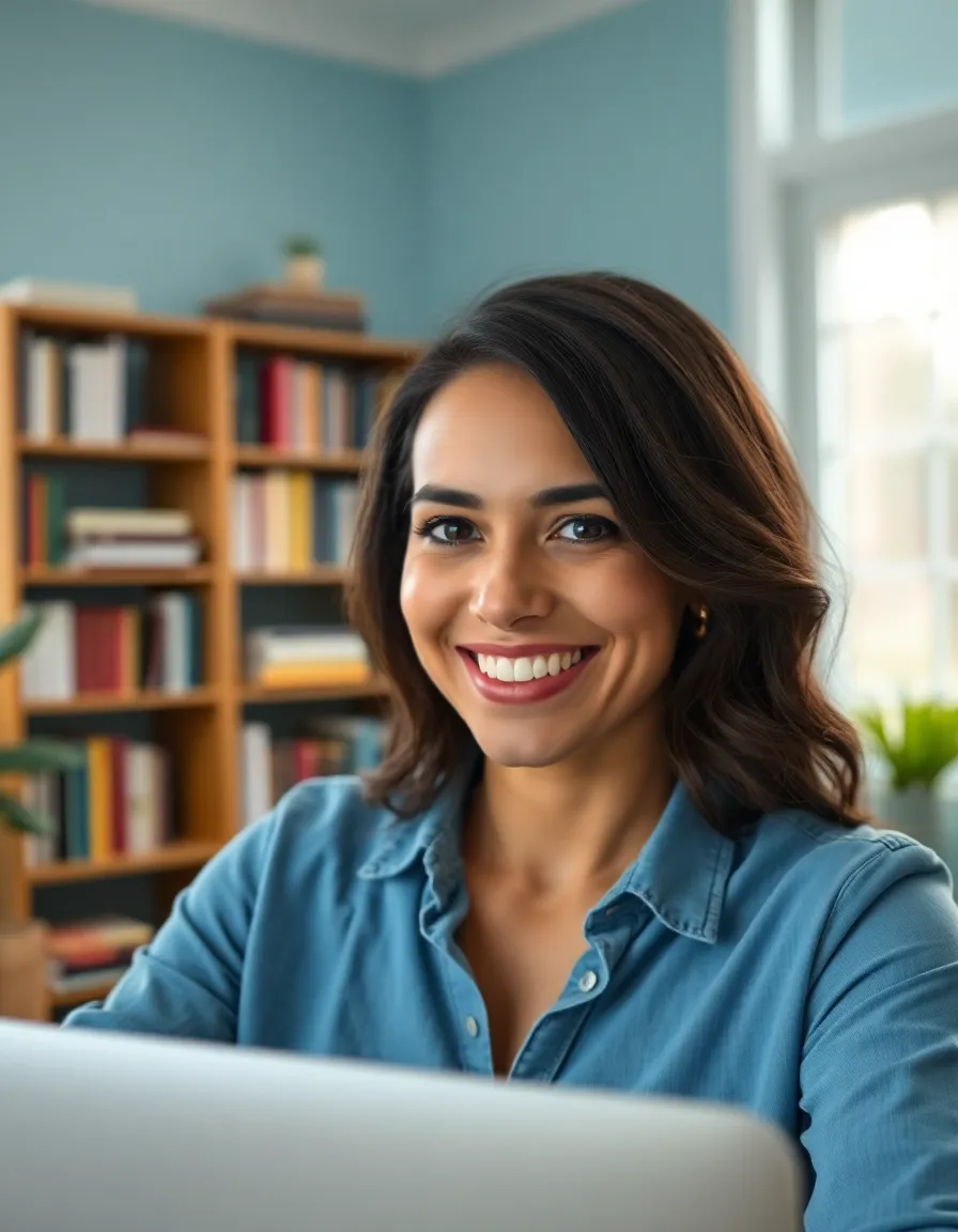 This engaging image showcases a female educator conducting a virtual teaching session from her cozy home studio. Bathed in soft daylight and enhanced by a key light, her warm smile creates a friendly atmosphere as she connects with her students. The blurred bookshelves in the background emphasize her professionalism while the color palette balances cool blues with warm skin tones. The composition centers on her face, inviting viewers into her world of online education.
