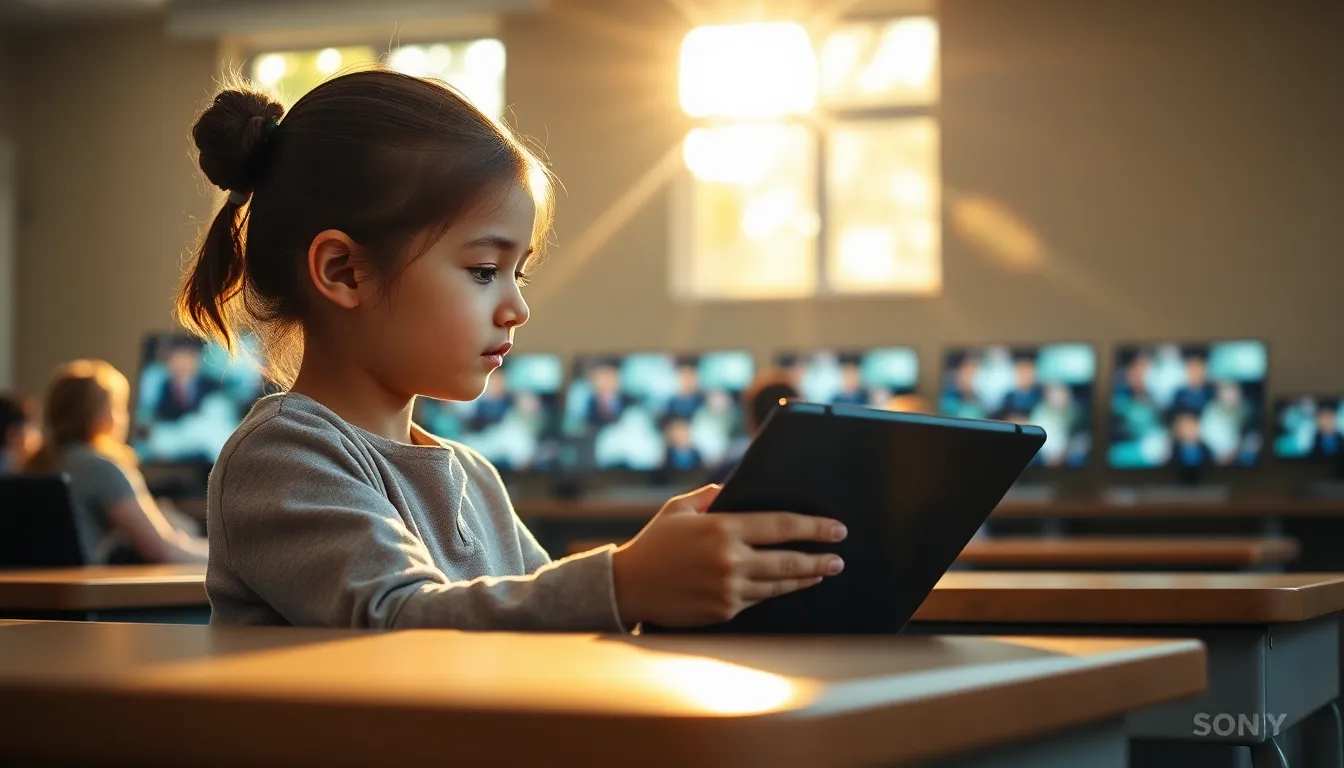 A bright and inviting classroom scene captures a young girl focused on her tablet as she participates in an interactive online class. Sunlight streams through the windows, creating beautiful golden highlights and a warm ambiance. The blurred background reveals classmates engaged on their screens, depicting the essence of collaborative learning. The natural color palette contributes to an uplifting atmosphere for online education.
