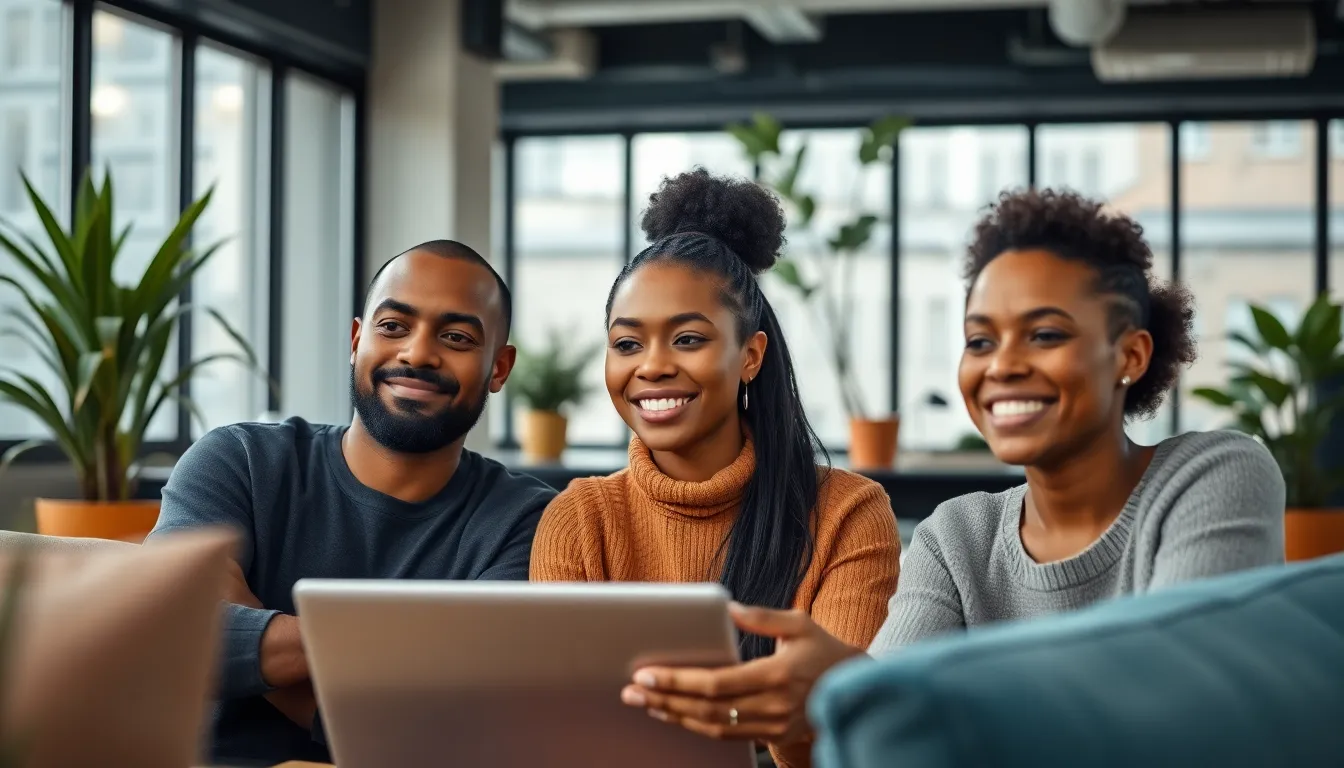 This dynamic image depicts a diverse group of three adults engaged in a collaborative virtual workshop within a modern co-working space. The overcast daylight filtering through large windows creates a soft and inviting ambiance. Each participant displays expressions of focus and engagement, showcasing the essence of online learning. The earthy color palette adds warmth to the atmosphere, enhancing the sense of community and collaboration.