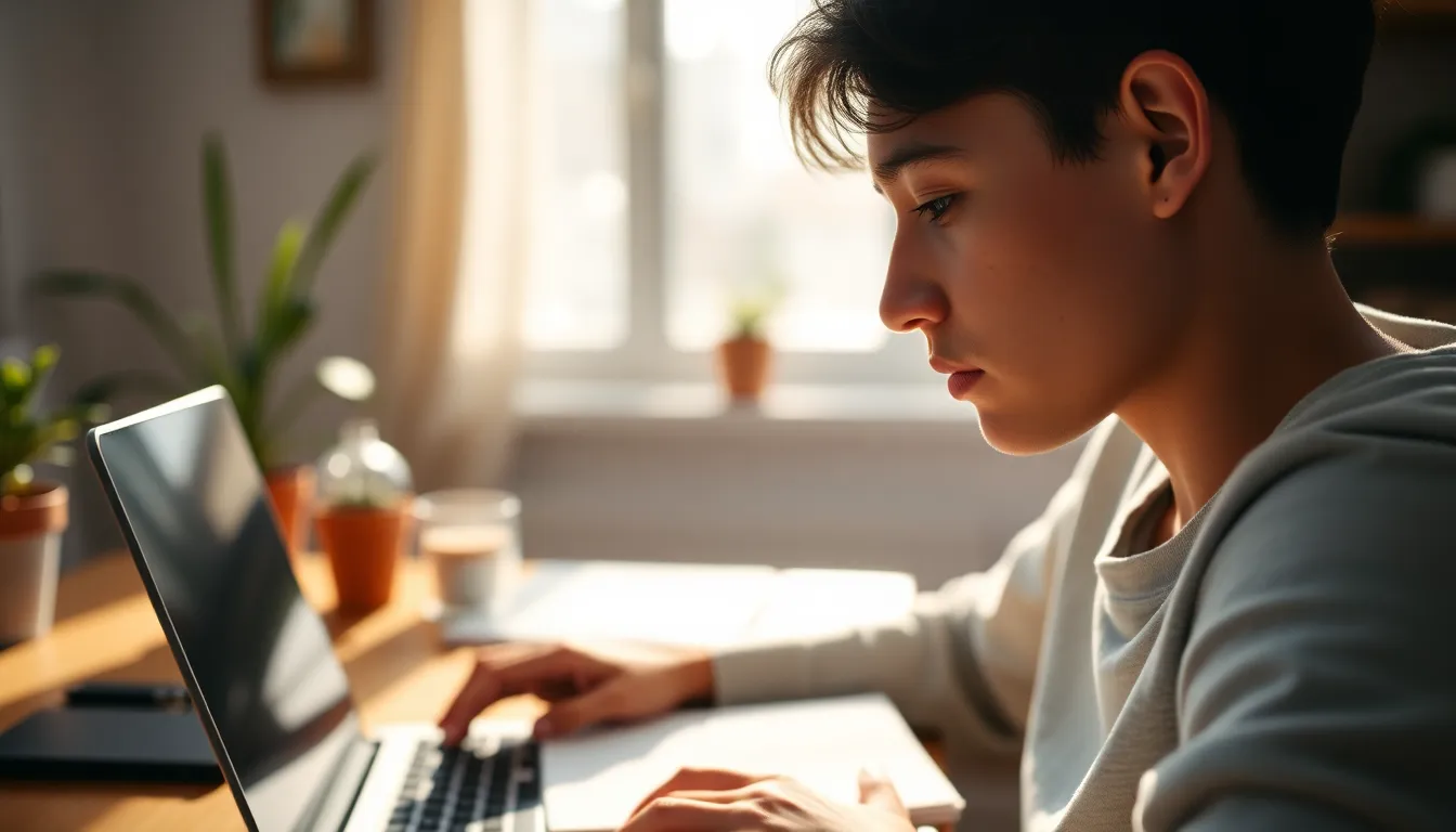 A dedicated student sits at their wooden desk, immersed in online learning. The warm natural light from the window creates a serene atmosphere, highlighting their focused expression as they take notes on a notepad while glancing at a laptop. With visually appealing creamy bokeh in the background, the image showcases a cozy yet productive study environment, filled with greenery and charming details.