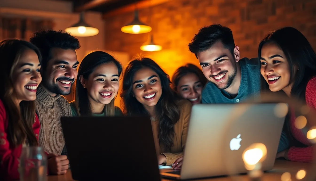 A diverse group of young professionals engages in lively discussion around a laptop in a warmly lit collaborative space. The warm hues envelop the scene, creating a friendly atmosphere conducive to teamwork and learning. Each individual showcases a unique expression of curiosity and interest as they share insights, emphasizing the collaborative nature of online education. The focus on faces amid a blurred background conveys the connection among participants.