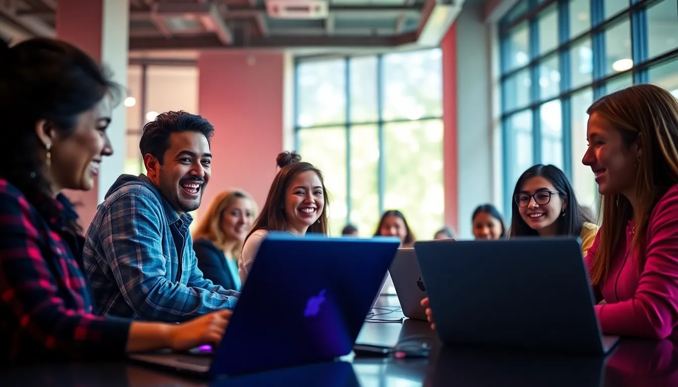 This dynamic image showcases a diverse group of college students actively participating in an online study group. Their lively expressions and engaged demeanor radiate energy, buoyed by bright natural light and colorful device screens. The vibrant colors create an inviting atmosphere, while the blurred background enhances their focused interactions. The composition effectively leads the eye toward the group, encapsulating the spirit of collaboration and learning through technology.