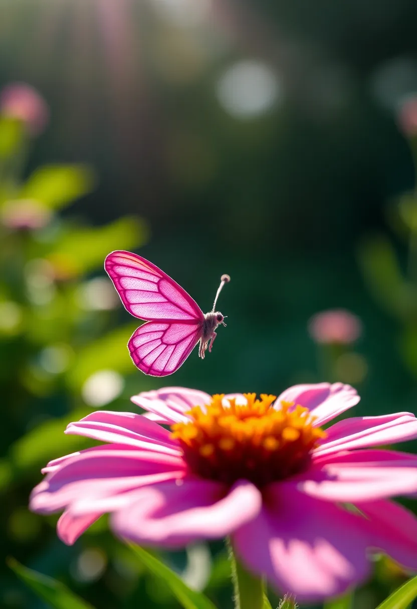 This enchanting image features a beautifully crafted origami butterfly delicately perched on a vibrant flower. Bathed in soft morning sunlight, the butterfly glows against a lush background, creating a serene and magical atmosphere. The vivid colors and intricate details invite viewers to appreciate the art of origami and the beauty of nature.