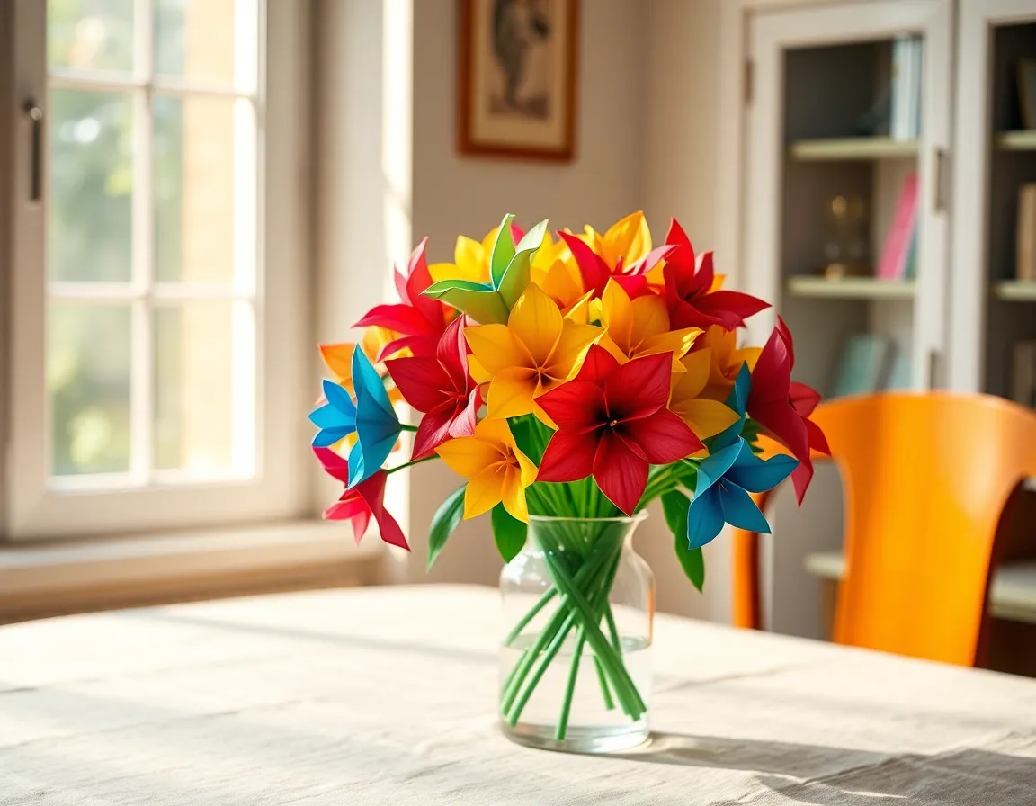 This lively image captures a stunning bouquet of origami flowers elegantly arranged in a vintage glass vase. Bathed in soft natural light, the vibrant colors of the paper create a cheerful and inviting atmosphere. The carefully composed arrangement showcases the beauty of both the flowers and the craftsmanship of origami, perfect for floral design or art photography.