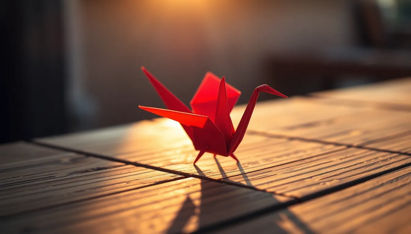 Vibrant Origami Crane on Wooden Table