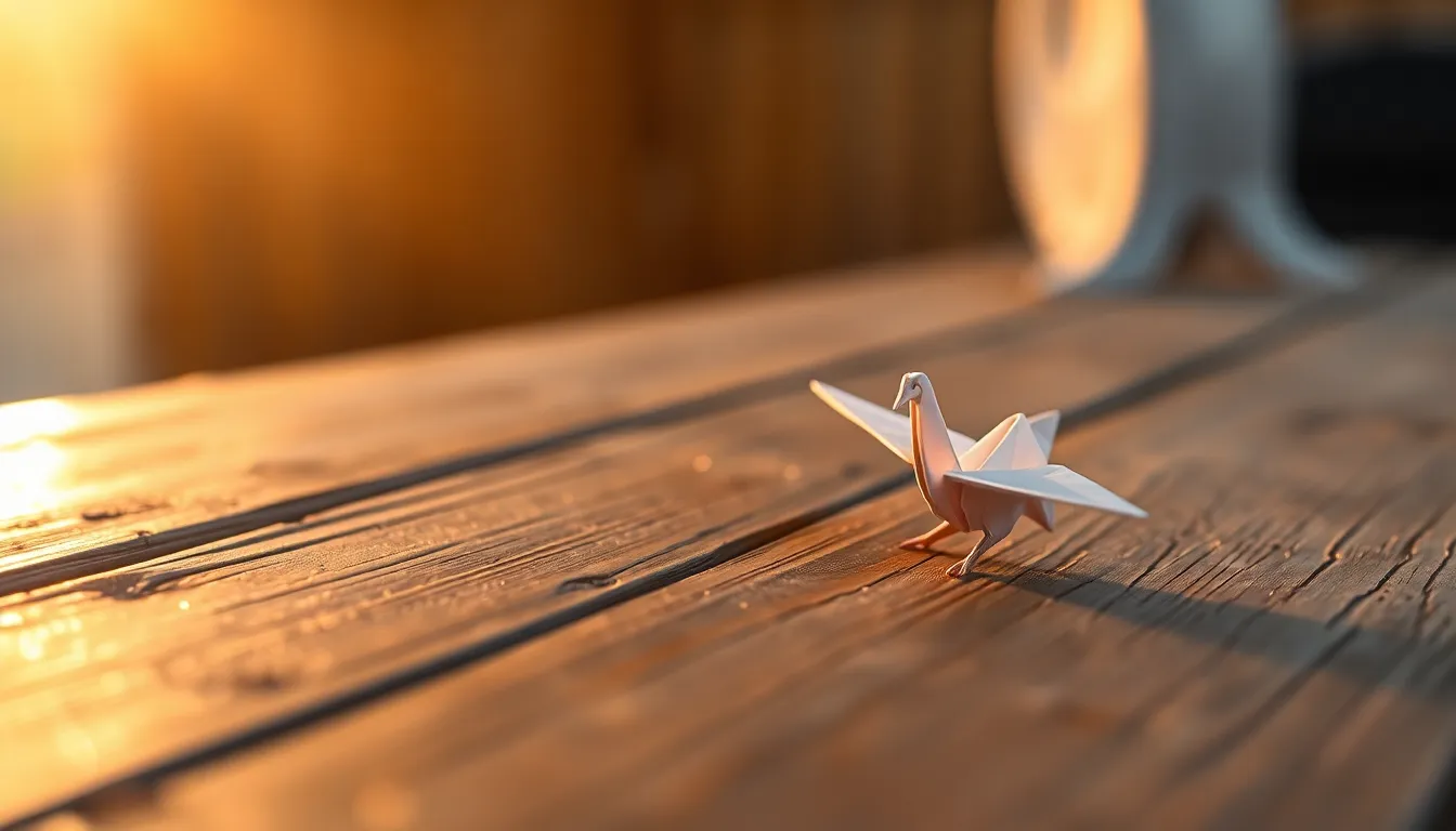 This stunning image features a meticulously folded origami crane resting on a rustic wooden table. The warm golden hour light highlights the intricate details of the paper while soft shadows add depth to the scene. With a creamy bokeh background, this image conveys a peaceful and artistic atmosphere, perfect for nature enthusiasts and art lovers alike.