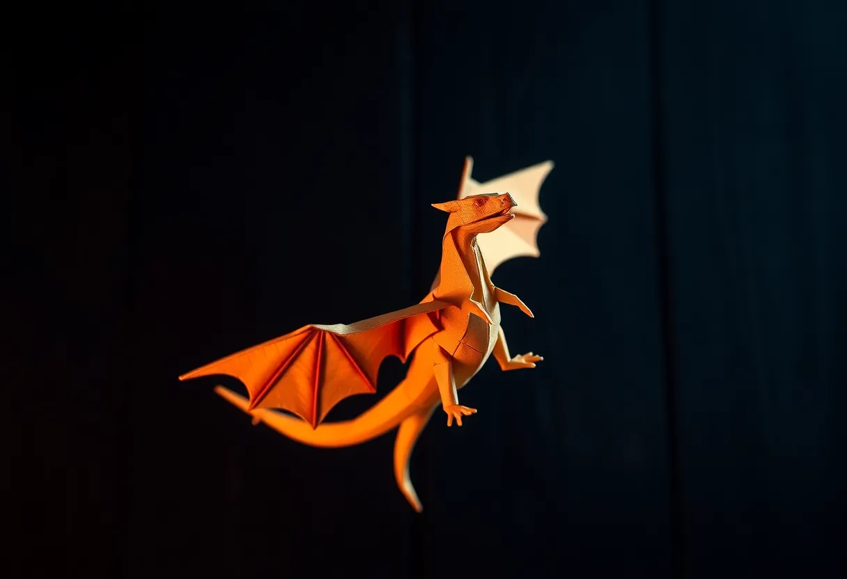 This captivating image showcases an intricately folded origami dragon seemingly soaring against a dark wood backdrop. The dramatic lighting highlights the folds and textures of the paper, creating sharp contrasts that evoke a sense of fantasy and adventure. With a dynamic composition that emphasizes motion, this image is ideal for storytelling and art enthusiasts.