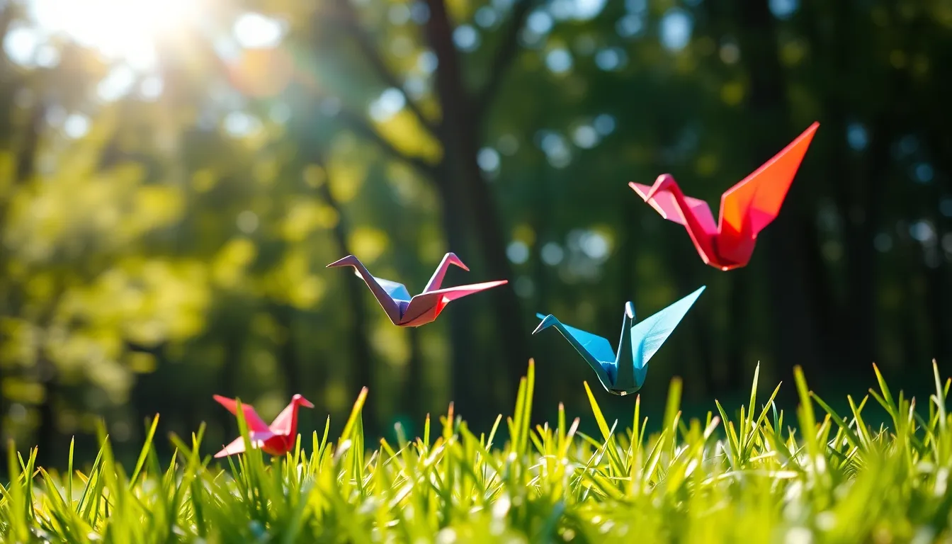 This stunning image showcases a group of vibrant origami cranes nestled among softly blurred green grass under a lush tree canopy. The dappled sunlight creates beautiful bokeh effects, enhancing the colorful details of the cranes. Each fold and crease of the paper is rendered with meticulous detail, evoking a sense of artistry and tranquility. The deep greens and rich colors evoke an inviting, lively atmosphere that celebrates the fusion of nature and art.