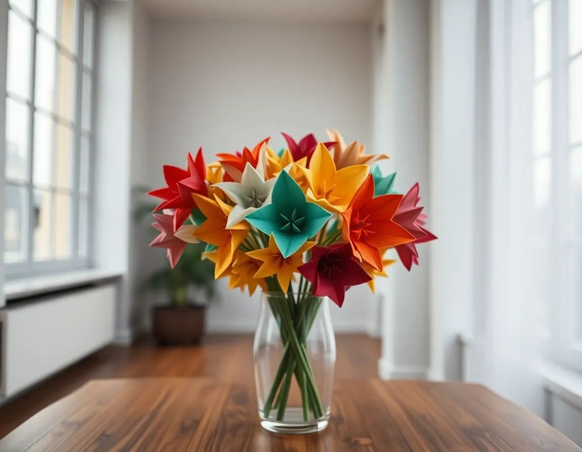 A stunning arrangement of vibrant origami flowers sits perfectly centered in a clear glass vase, illuminated by diffused daylight streaming through large windows. This composition captures the intricate details of the paper petals and their soft colors, creating a harmonious blend with the muted earthy tones of the surrounding space. The sharp focus throughout the image emphasizes the clarity of every fold and crease, evoking a sense of tranquility and artistry in the viewer.