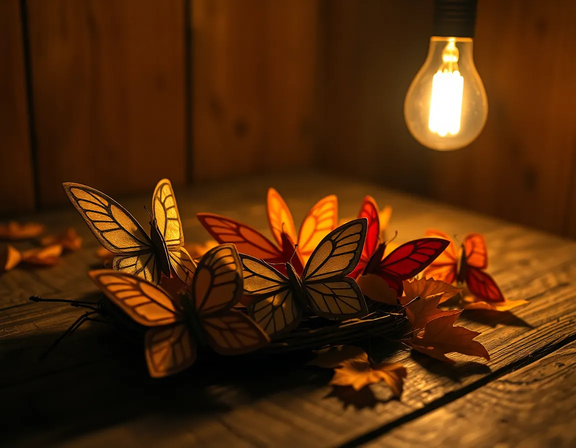 Intricate Origami Butterflies on Wood This striking image features a series of origami butterflies elegantly arranged on a rustic wooden table. The warm golden light from an overhead bulb creates dramatic shadows, enhancing the textures of both the paper and the wood. Each butterfly is carefully crafted, showcasing detailed patterns that capture the eye. The composition employs leading lines to guide the viewer through the scene, emphasizing the delicate beauty of these paper creations against the sturdy background.