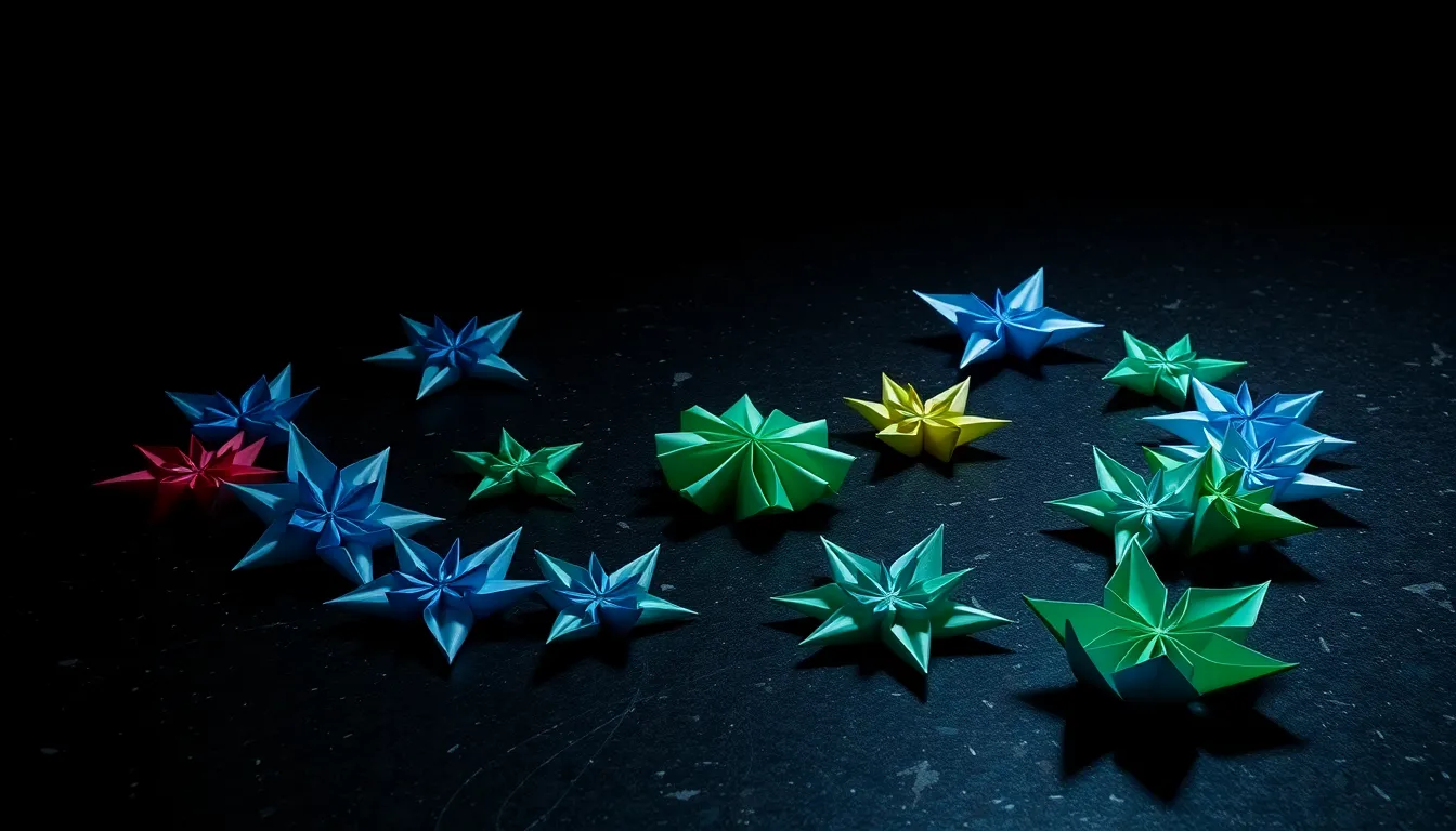 A stunning array of origami flowers unfolds in a spiral pattern atop a sleek black granite surface. The flowers, each showcasing vibrant hues and detailed folds, create an eye-catching contrast against the smooth dark backdrop. The meticulous arrangement is illuminated by dramatic overhead lighting, enhancing the textures and bringing out the rich, saturated colors of each unique piece.