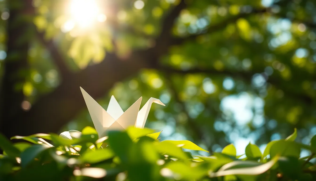 This image showcases a beautifully crafted origami crane delicately perched amidst lush green foliage. The dappled sunlight filtering through the tree canopy creates a captivating display of light and shadow, enhancing the intricate details of the paper folds. The background melts into a soft, dreamy bokeh, allowing the crane to stand out. The overall mood is serene and harmonious, emphasizing the connection between art and nature.