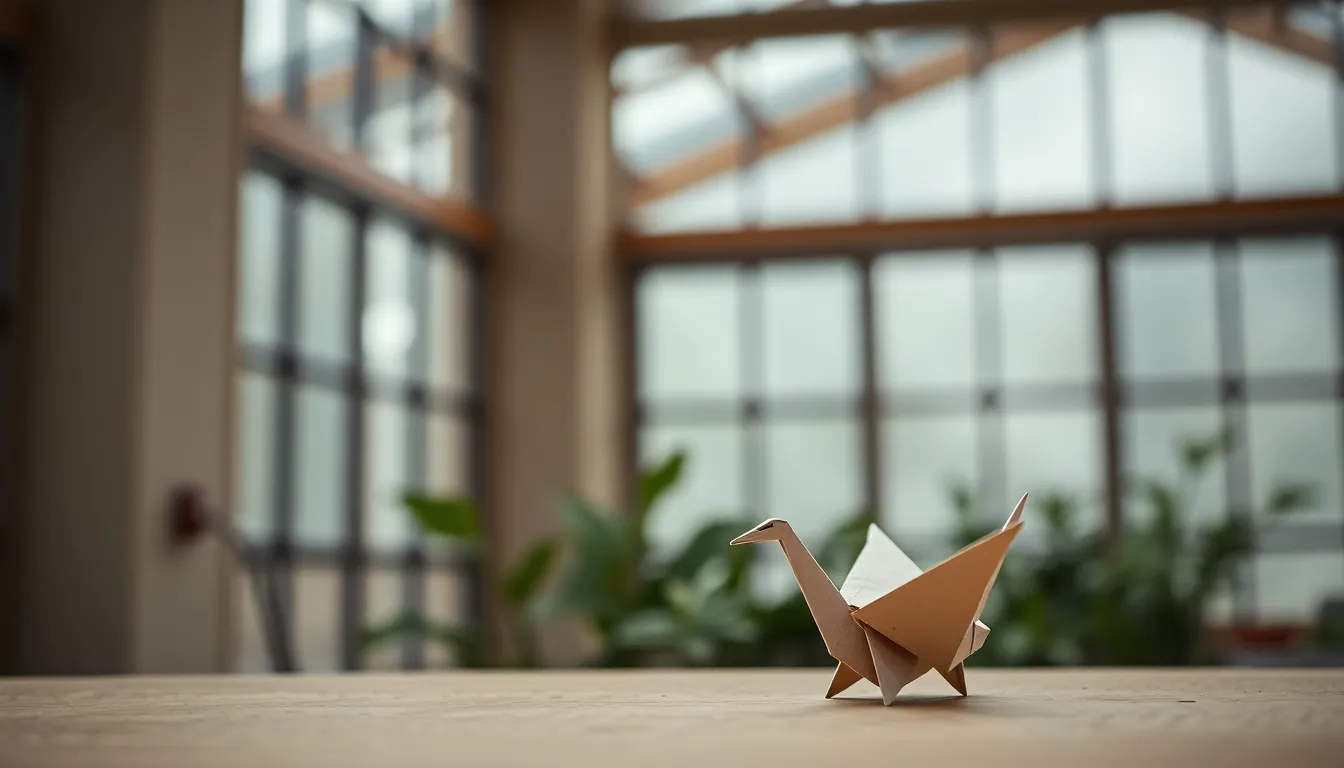 This image features a beautifully crafted origami crane resting on textured handmade paper. The soft, natural light filtering through windows adds a serene ambiance, highlighting the intricate folds and shadows of the crane. The gentle green plants in the background create a calming atmosphere, while the muted color palette emphasizes the organic feel of the scene. The composition draws the viewer’s eye to the crane, celebrating the art of origami.