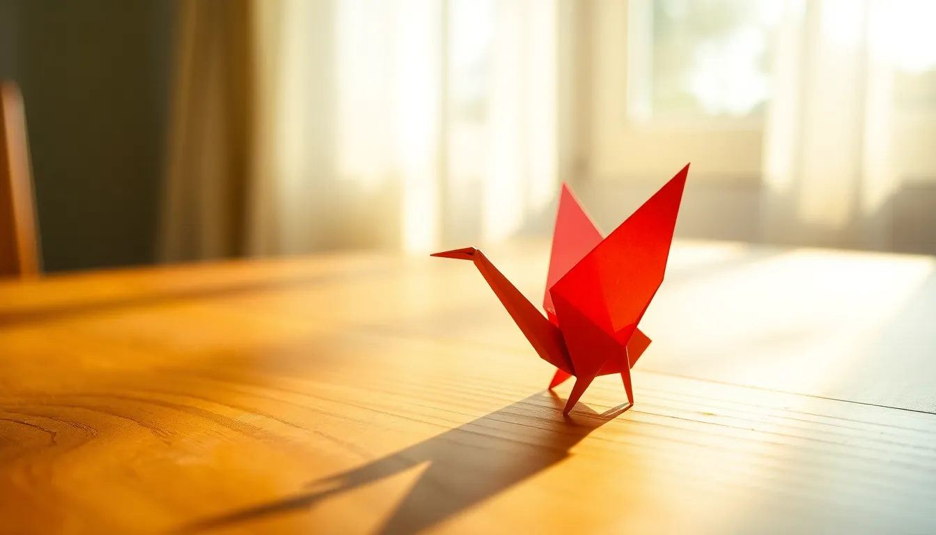 A beautifully crafted origami crane sits on a sunlit wooden table, capturing the essence of tranquility. The soft morning light creates gentle shadows and highlights, enhancing the intricate details of the paper folds. With a warm color palette of beige and soft greens, the scene invites a peaceful ambiance. The grainy texture of the wooden surface further complements the delicate nature of the origami art, creating a harmonious visual experience.