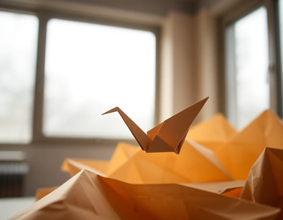 Delicate Origami Crane on Textured Background A beautifully detailed origami crane rests against a softly textured background, illuminated by diffused daylight. The natural colors and the subtle textures of the paper create an inviting atmosphere, while the selective focus draws attention to the intricate folds of the crane. Positioned in a rule of thirds composition, this image evokes a sense of calm and creativity, showcasing the elegance of paper art.
