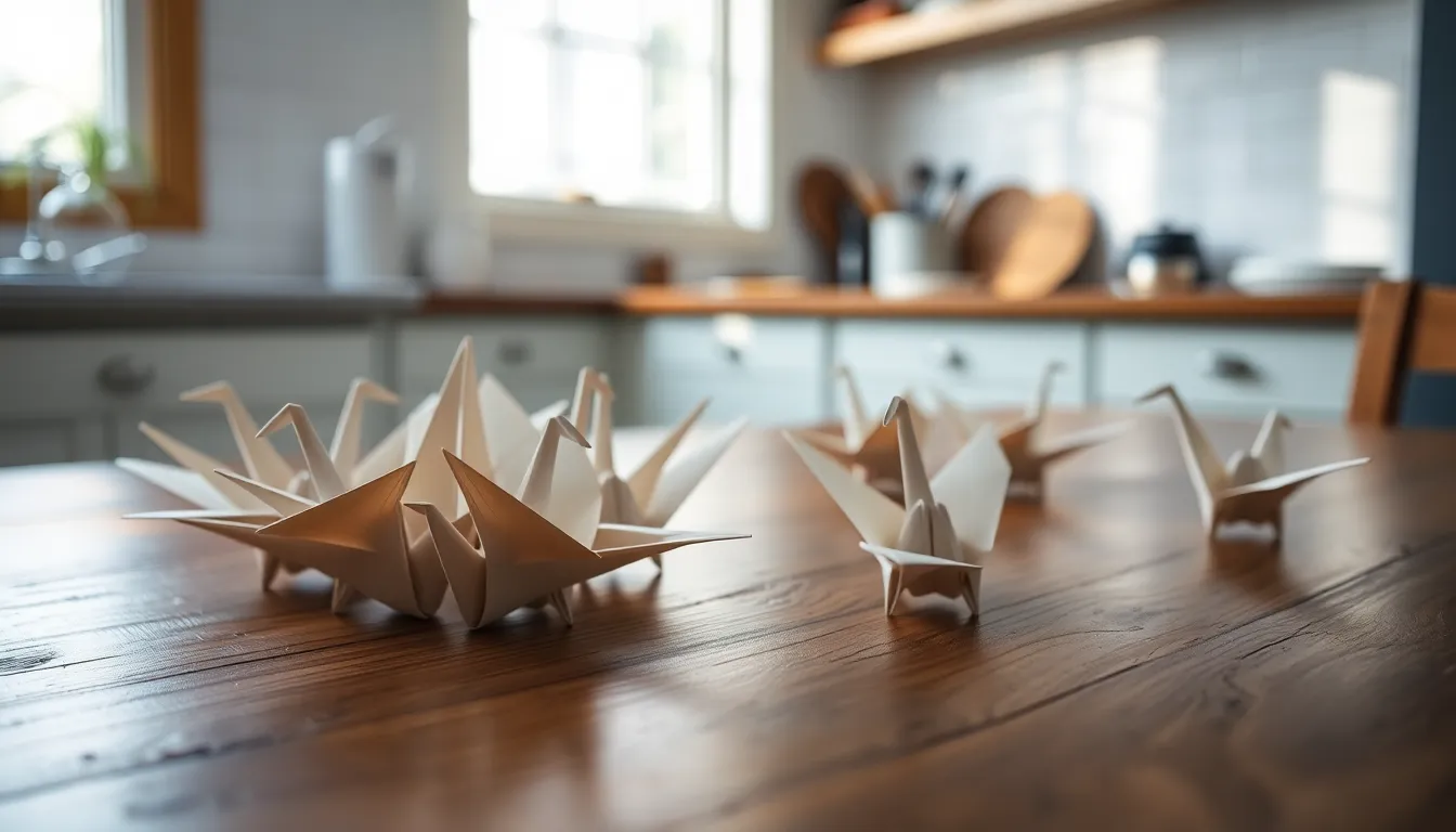 This photorealistic image showcases a cluster of delicate origami cranes resting on a weathered wooden table. Bathed in soft, diffused daylight, the cranes exhibit pastel colors contrasting against the natural wood grain. The shallow depth of field emphasizes their intricate folds while the blurred background creates a tranquil setting. Perfect for showcasing the beauty of craftsmanship, this image follows the rule of thirds for balanced composition.