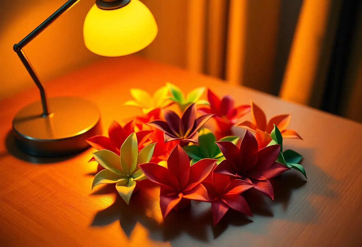 A stunning arrangement of colorful origami flowers is beautifully displayed on a smooth wooden table. The warm lighting from a tungsten desk lamp casts a soft glow, enhancing the intricate details of the paper folds. With a hyperfocal depth of field, every element, from the foreground flowers to the background, remains sharp, creating a harmonious balance. The use of a Kodak Portra color palette adds a nostalgic warmth, making this composition inviting and vivid.