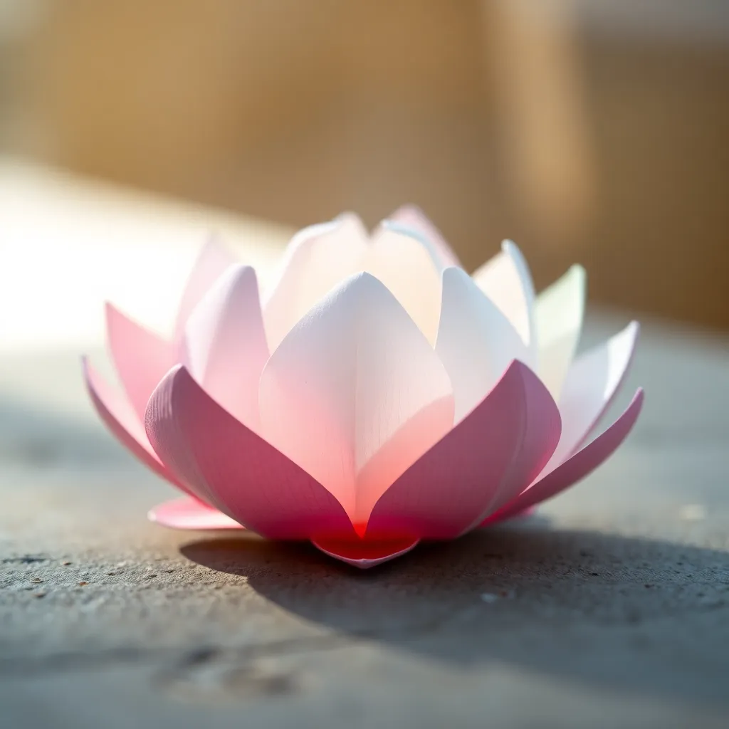An exquisite origami lotus flower rests gracefully on a polished stone, capturing a tranquil moment enhanced by soft, diffused daylight. The pastel colors of the petals contrast beautifully with the natural texture of the stone, creating a serene and calming atmosphere. This close-up shot emphasizes the intricate folds of the lotus, showcasing the skill and artistry involved in origami. The blurred background further enhances the focus on the delicate flower and adds depth to the composition.
