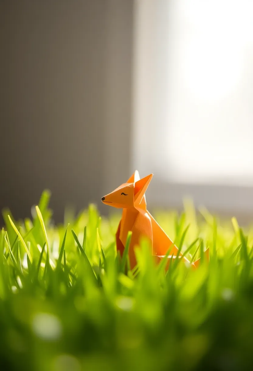 Origami Fox Amidst Green Grass In this captivating macro shot, a meticulously crafted origami fox is nestled among delicate green grass blades. Soft morning light filters through an open window, casting a gentle glow that enhances the tranquil scene. The subtle desaturated colors provide a harmonious backdrop, allowing the fox's intricate folds to take center stage. A shallow depth of field isolates the subject beautifully, while the composition follows the golden ratio, drawing the viewer’s eye to the fox in a serene and inviting manner.
