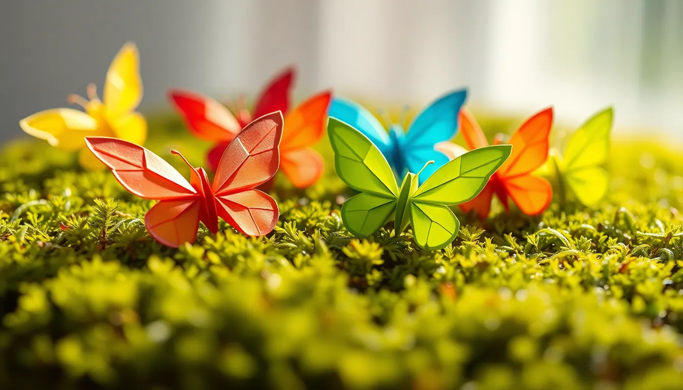 This enchanting image features a variety of colorful origami butterflies resting gently on a bed of soft moss. Illuminated by soft diffused daylight, the butterflies display intricate details in their folds and vibrant colors. The macro depth of field beautifully blurs the natural surroundings, drawing focus to their delicate beauty. The composition captures the whimsical essence of origami, offering a tranquil escape into nature.