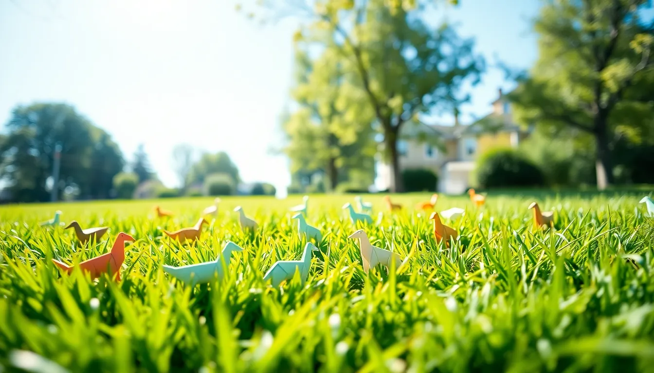 This serene image captures a colorful origami boat floating peacefully in a tranquil pond, surrounded by lush greenery. Late afternoon light adds a warm golden glow, creating beautiful reflections on the water's surface. The composition invites the viewer into the peaceful scene, with sharp focus on both the boat and the surrounding foliage, emphasizing the harmony between art and nature. This image is ideal for nature-themed projects or art exhibitions.