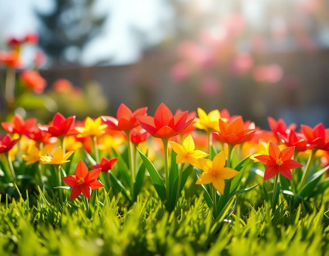 A delightful garden of origami flowers bursts with vibrant colors under bright sunlight, creating a joyful and inviting scene. Each flower showcases intricate folds and bright hues of red, yellow, and green, exuding a sense of cheerfulness. The shallow depth of field emphasizes the beauty of each individual piece while the blurred background enhances the overall dreaminess of the image. This composition celebrates the artistry of origami in a whimsical outdoor setting, appealing to nature lovers and art enthusiasts alike.
