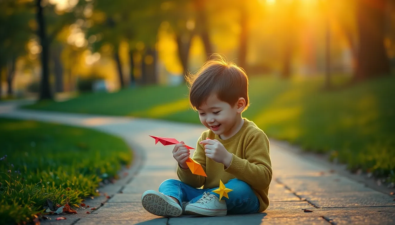 This heartwarming image captures a child engrossed in crafting origami animals in a sunlit park during the golden hour. The warm light creates a magical atmosphere, highlighting the child's joyful expression and the vibrant colors of the paper. The leading lines of the path draw the viewer's attention towards this moment of creativity, evoking feelings of nostalgia and wonder for the simple joys of childhood.