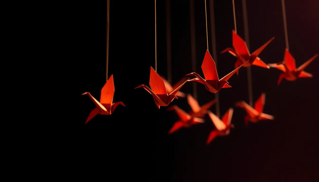 This striking close-up showcases a dynamic arrangement of origami cranes seemingly suspended in mid-air. Illuminated by warm tungsten light, the intricate details and textures of the folded paper are beautifully highlighted against a dark background. The deep reds and golden hues create a dramatic atmosphere, drawing attention to the artists' skill in manipulating paper into delicate forms.