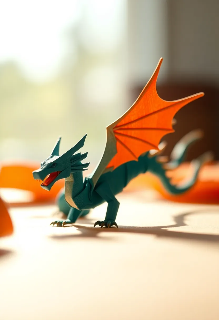 A majestic origami dragon emerges in a stunning display of craftsmanship, set against a softly lit backdrop that creates a dramatic atmosphere. The natural backlighting enhances the edges of the paper, revealing its intricate folds and texture. The leading lines formed by the curled paper guide the viewer's eye towards the dragon, while the cinematic color grading adds depth and mood. This captivating image encapsulates the fusion of art and nature, celebrating the intricacy of origami.