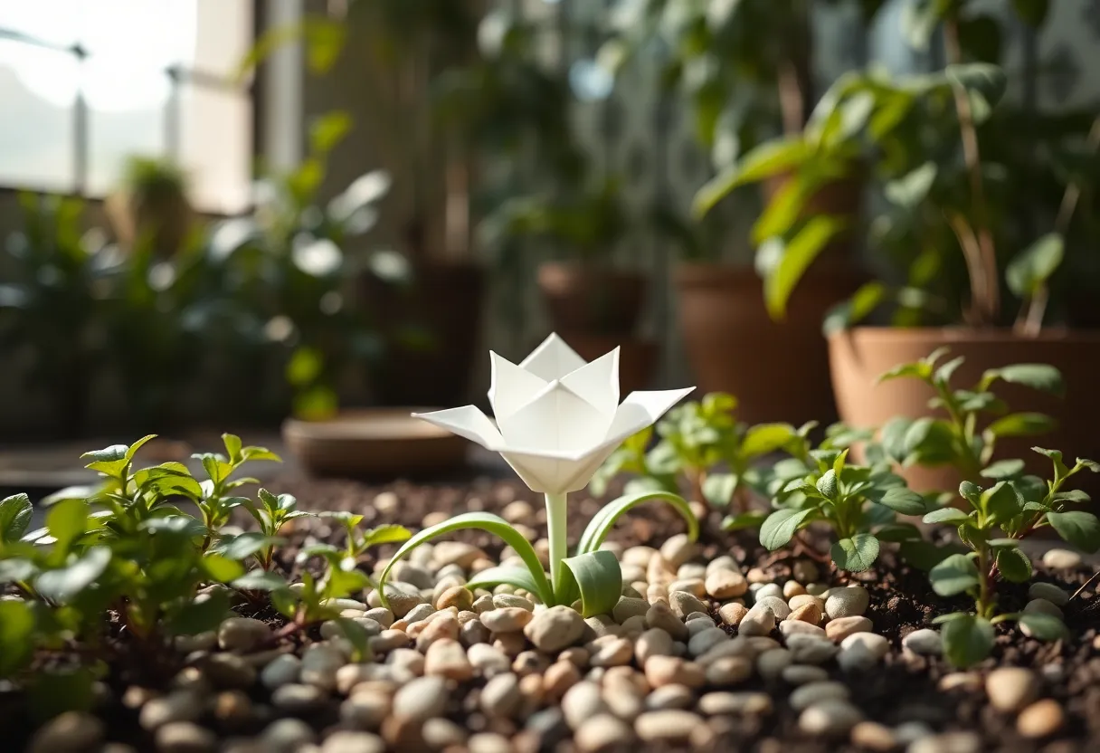 This peaceful image showcases a delicate origami flower perfectly centered amidst a tranquil indoor garden. Lush greenery surrounds the flower, while small pebbles add an earthy texture to the composition. The diffused daylight enhances the natural colors, and the hyperfocal focus keeps all elements sharply detailed, allowing viewers to appreciate both the craftsmanship of the origami and the beauty of the surrounding environment.