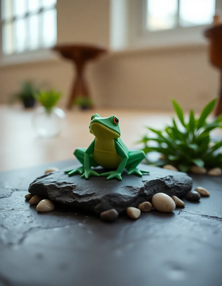 Origami Frog on Slate Surface with Natural Elements An intricately folded origami frog sits on a textured slate surface, surrounded by smooth pebbles and sprigs of greenery. The overcast daylight creates a soft, flattering light that enhances the warm, earthy tones of the scene. The shallow depth of field isolates the origami subject, highlighting its fine details and craftsmanship while providing a serene ambiance that feels connected to nature.