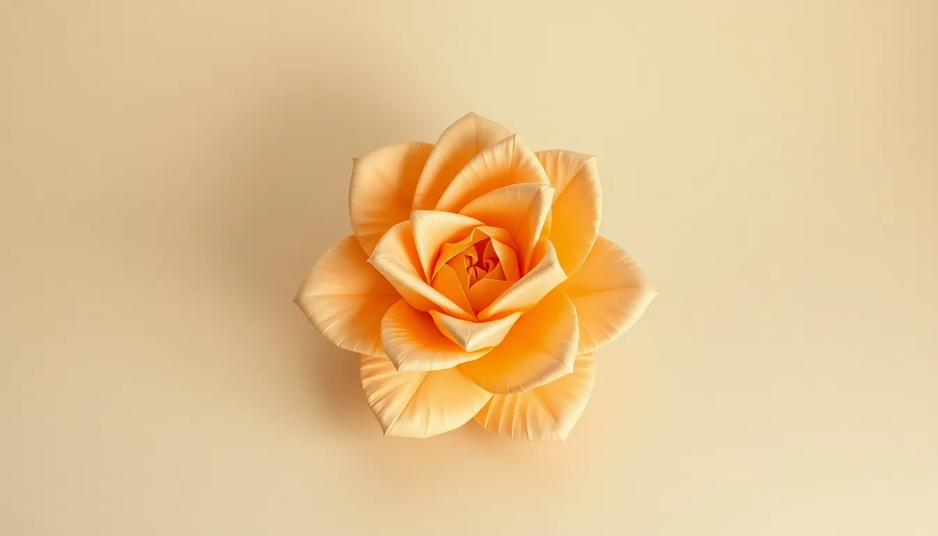 This macro shot presents an intricately folded origami rose displayed against a soft, neutral backdrop. The careful lighting setup enhances the delicate edges and textures of the petals while revealing the craftsmanship involved in creating such a stunning piece. The creamy highlights provide warmth to the rose’s vibrant color, making it a captivating focal point. This composition invites viewers to appreciate the beauty of origami as a form of art and expression.